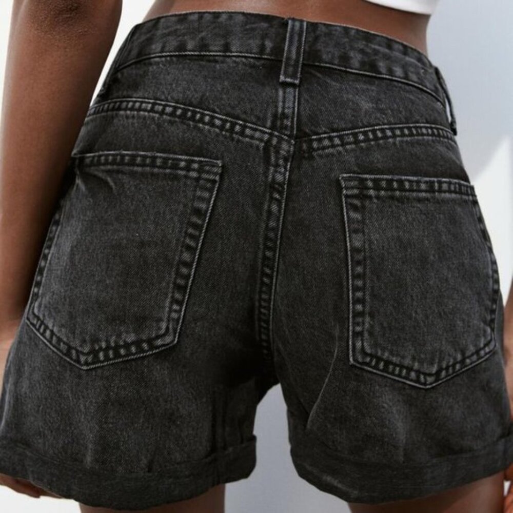 Zara Women's TRF HIGH-WAISTED MOM FIT DENIM SHORTS Black - Picture 6 of 9